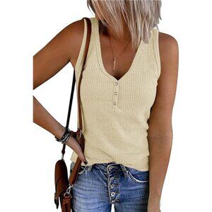 Women's Apricot V Neck Tank Tops Summer Sleeveless Ribbed Button Casual T-shirts